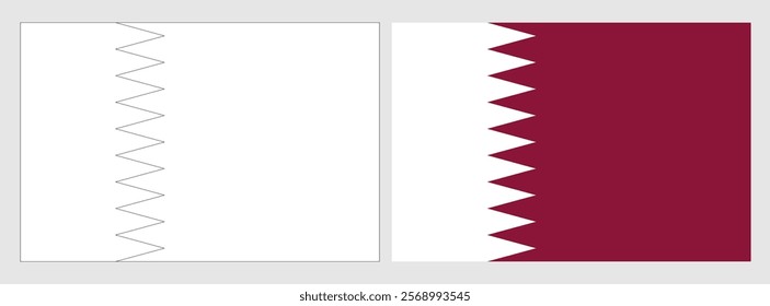 Qatar flag - coloring page. Set of white wireframe thin black outline flag and original colored flag.