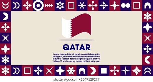 Qatar Flag Design banner with cultural design. Independence day design for Qatar celebration. Modern neo geometric retro design with flag, showcasing national pride and heritage.