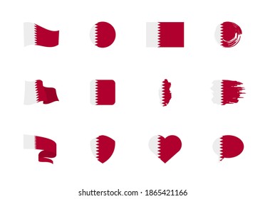 Qatar flag - flat collection. Flags of different shaped twelve flat icons. Vector illustration set