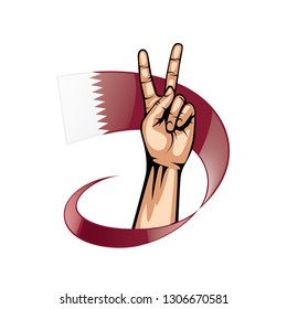 Qatar flag and hand on white background. Vector illustration