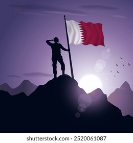 Qatar Flag hoisted on a mountain peak with a purplish sunset in the background, vector illustration