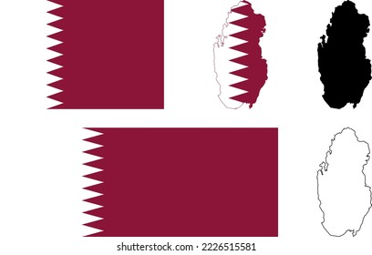 Qatar flag map national icon, country black silhouette outline logo set for wide long ribbon banner background