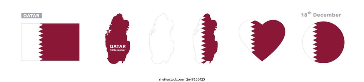 qatar flag and map set. qatar flag in official colors and proportions. independence day 18 december, map, circle and heart shaped qatar