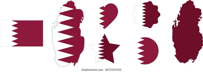 Bandera de Qatar y conjunto de mapas. Bandera de Qatar en colores y proporciones oficiales. Día de la independencia 18 de diciembre, mapa, círculo, estrella y corazón en forma de Qatar