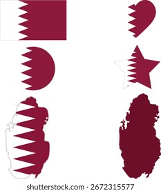 Bandera de Qatar y conjunto de mapas. Bandera de Qatar en colores y proporciones oficiales. Día de la independencia 18 de diciembre, mapa, círculo, estrella y corazón en forma de Qatar