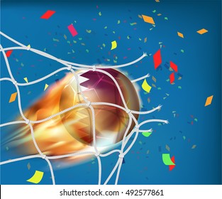 Qatar flag on football in fire ball design goes through the net with confetti. Concept of goal celebration in vector illustration 