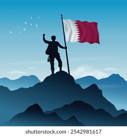 Qatar Flag raised on a mountain peak with clear sky in the background, vector illustration