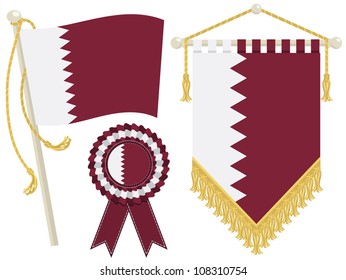 qatar flag, rosette and pennant, isolated on white