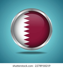 La bandera de Qatar. Redondo brillante. Marco plateado. Aislado en el fondo del degradado de color