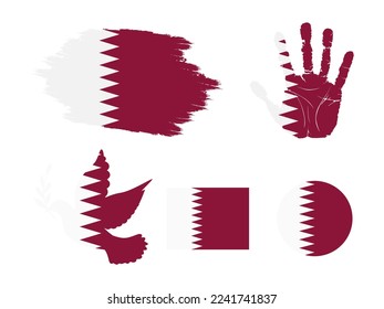 Katar-Flaggensatz, Flag der Katar-Sammlung. Flagge in Grunge, Dove, Handdruck, Quadrat und Rundform. Vektorgrafik