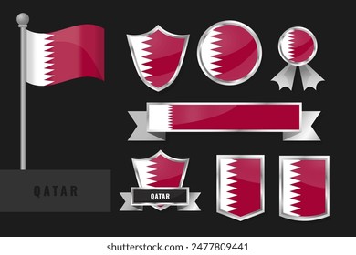 Qatar flag set. Collection of Qatar national emblems. Flat design of flags collection.