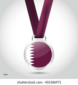 Qatar Flag in Silver Medal. Vector Illustration. RIO Olympic Game silver Medal. Vector Illustration