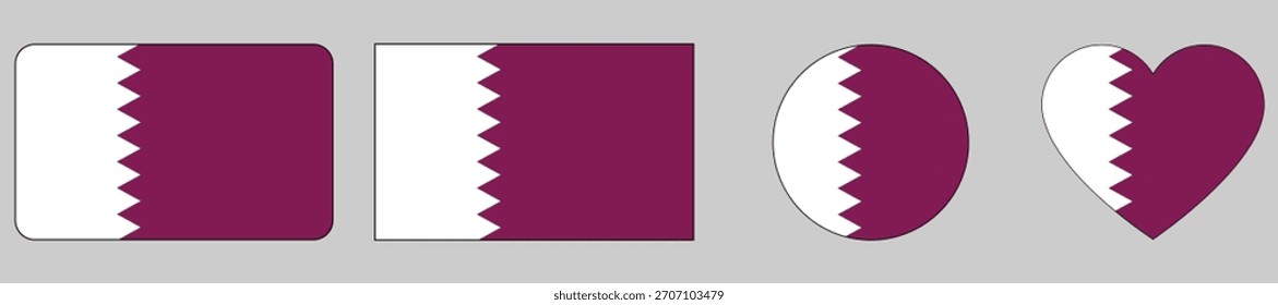Ola de la bandera de Qatar aislada en PNG o fondo gris. Símbolo Qatar, Plantilla para Anuncio, tarjeta, publicidad, promoción y negocio que empareja el cartel del país. bandera en Formas rectangulares, del corazón y redondas.