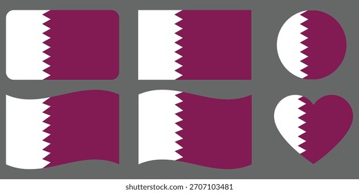Qatar flag wave isolated on PNG or grey background. Symbol Qatar, template for banner, card, advertising, promote and business matching country poster. flag in rectangular, heart and round shapes.