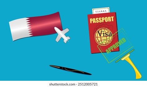 Qatar flag with white plane icon. Passport with visa approved stamp. Black stylish Pen. Qatari Travel poster. Editable vector EPS available