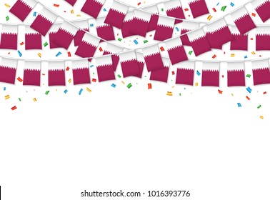 Qatar flags garland white background with confetti, Hang bunting for Qatari national Day celebration template banner, Vector illustration