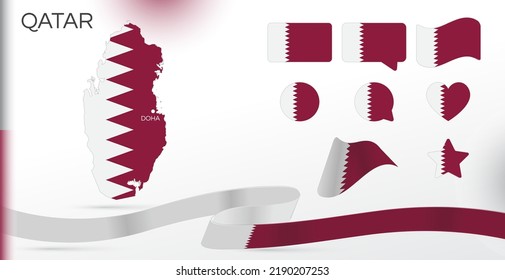 Qatar flags set. Various designs. Map and capital city. World flags. Vector set. Circle icon. Template for independence day. Collection of national symbols. Ribbon with colors of the flag. 