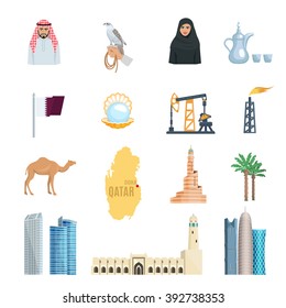 Qatar flat icons set with oil natural gas mosques skyscrapers and symbols of culture isolated vector illustration 