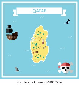 Qatar flat treasure map. Colorful cartoon treasure map of Qatar with flat icons of pirate ship, jolly roger, treasure chest and banner ribbon. Flat design vector illustration.