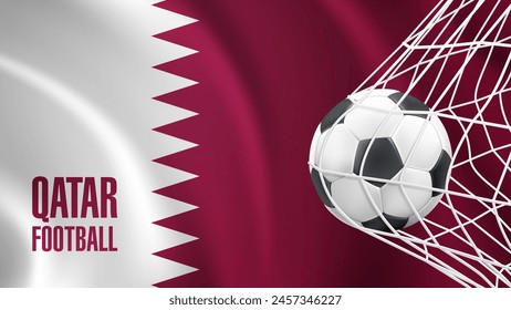 In: Qatar Football Cup. Qatar Flag Stil Konzept isoliert mit Fußball in der net-Vektorillustration. Moderne Fußball-Vektorgrafik mit Qatar Flag Konzept.