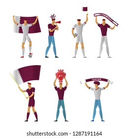 Qatar football fans. Cheerful soccer supporters crowd. vector illustration.