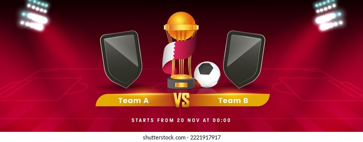 Qatar Football Match Between Team A VS B With Realistic Empty Shield And Golden Winning Trophy Cup On Maroon Stadium Lights Background.