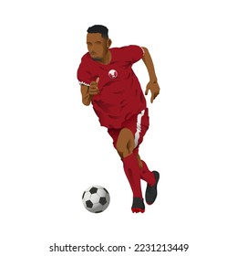 Qatar football player dribbling the ball wearing home kit jersey. dark red and little white color uniform.
