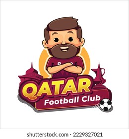 QATAR FOOTBALL PLAYER WITH TEXT EFFECT  AND QATAR LANDMARK  IN THE BACKGROUND FLATE ILLUSTRATION
