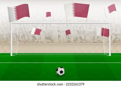 Qatar football team fans with flags of Qatar cheering on stadium, penalty kick concept in a soccer match. Sports vector illustration.