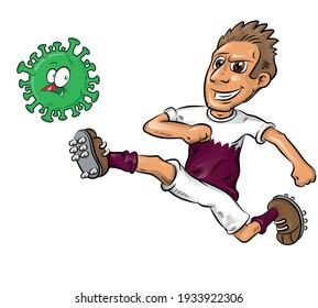 qatar footballer character  kicks covid-19. vector illustration