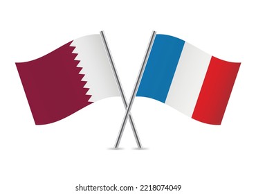 Qatar and France crossed flags. Qatari and French flags, isolated on a white background. Vector icon set. Vector illustration.