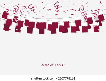 Qatar garland flag with confetti on gray background, Hang bunting for Qatar celebration template banner. vector