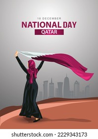 Niña de Qatar ondeando sus manos. 18 de Diciembre Feliz Día Nacional concepto de celebración. puede utilizarse como diseño de afiches o banners. diseño de ilustración vectorial.