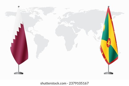  Qatar and Grenada flags for official meeting against background of world map.