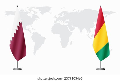  Qatar and Guinea flags for official meeting against background of world map.