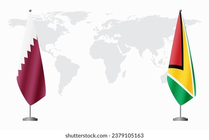  Qatar and Guyana flags for official meeting against background of world map.