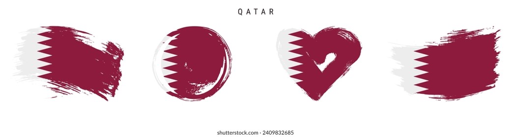 Qatar hand drawn grunge style flag icon set. Qatari banner in official colors. Free brush stroke shape, circle and heart-shaped. Flat vector illustration isolated on white.