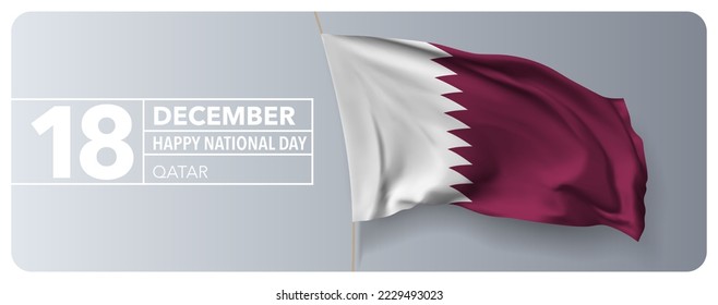 Qatar happy national day greeting card, banner vector illustration. Qatari holiday 16th of December design element with 3D waving flag on flagpole