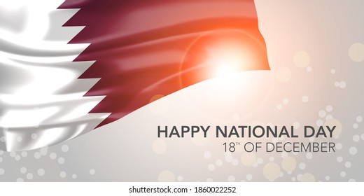 Qatar happy national day vector banner, greeting card. Qatari realistic wavy flag in 18th of December patriotic holiday horizontal design