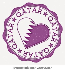 Qatar heart flag logo. Country name text around Qatar flag in a shape of heart. Cool vector illustration.
