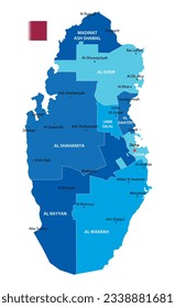 Qatar highly detailed map. Vector blue illustration with borders, cities and national flag