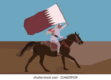 Monumento a los jinetes de Qatar y la bandera nacional en el desierto