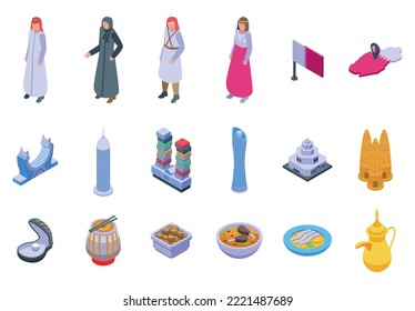 Qatar icons set isometric vector. national day. Football festival