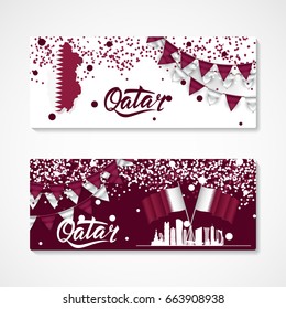 Qatar Illustration of set of banners with Flags, Confetti, Map With national flag colors Ballons and Bantings, with Confetti. Great template for invitations, flyear, banner, sale