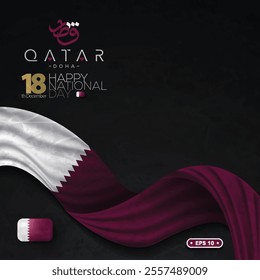 Qatar Independence Day Background Vector Design With Arabic Calligraphy, flag, Buildings For Greeting Card, Wallpaper, Banner, Cover, Poster. Translation Of Text : QATAR INDEPENDENCE DAY 18 DECEMBER