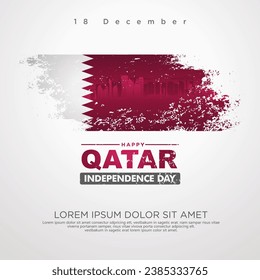 Qatar independence day greeting card, with grunge and splash effect on flag as a symbol of independence and silhouette city. vector illustration