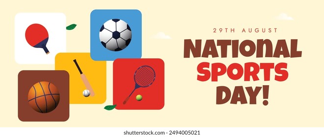 Qatar, India Sports day banner, social media post, background. National sports day cover banner with colourful icons of different sports items: rackets, basketball, football, tenis, hockey stick.