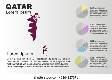 Generalidades de infografía de Qatar usan plantilla vectorial con gráfico circular, copian idea de estadísticas del espacio, mapa del país de Qatar con gráfico, idea de presentación, gráfico de área en blanco para datos, fondo gris