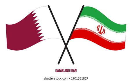 Qatar and Iran Flags Crossed And Waving Flat Style. Official Proportion. Correct Colors.