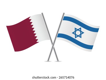 Qatar and Israel crossed flags. Qatari and Israeli flags on white background. Vector icon set. Vector illustration.